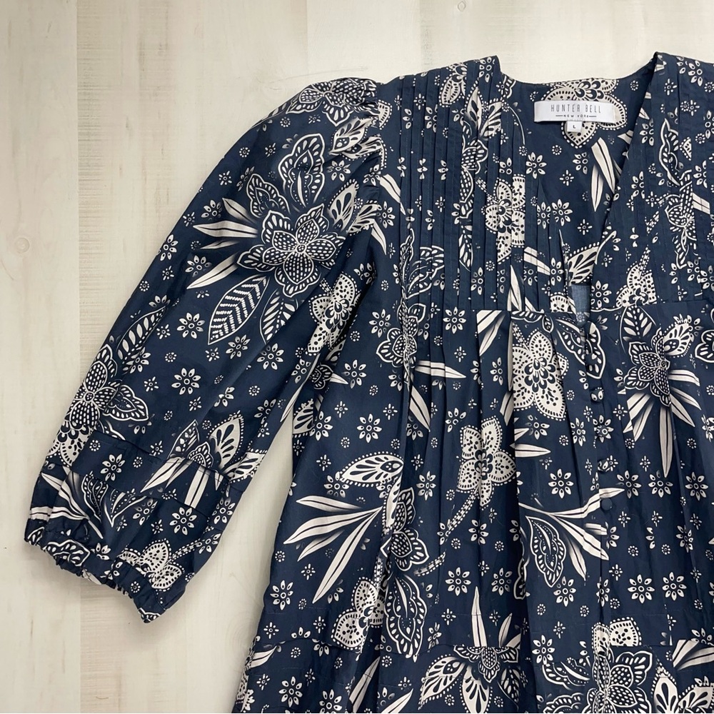 HUNTER BELL Jenkins womens printed navy blue peasant tunic dress L